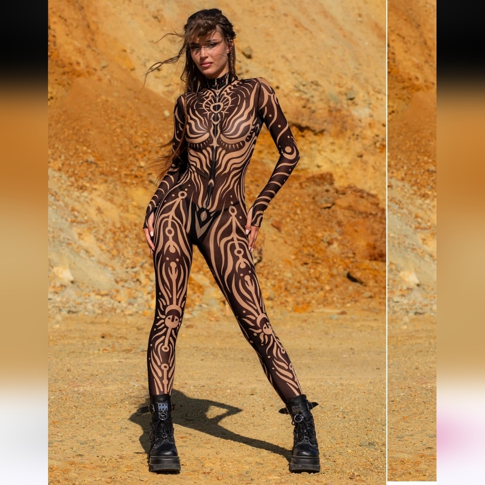 BADINKA Women's Mesh Rave Costume Black and Nude Tattoo Pattern
